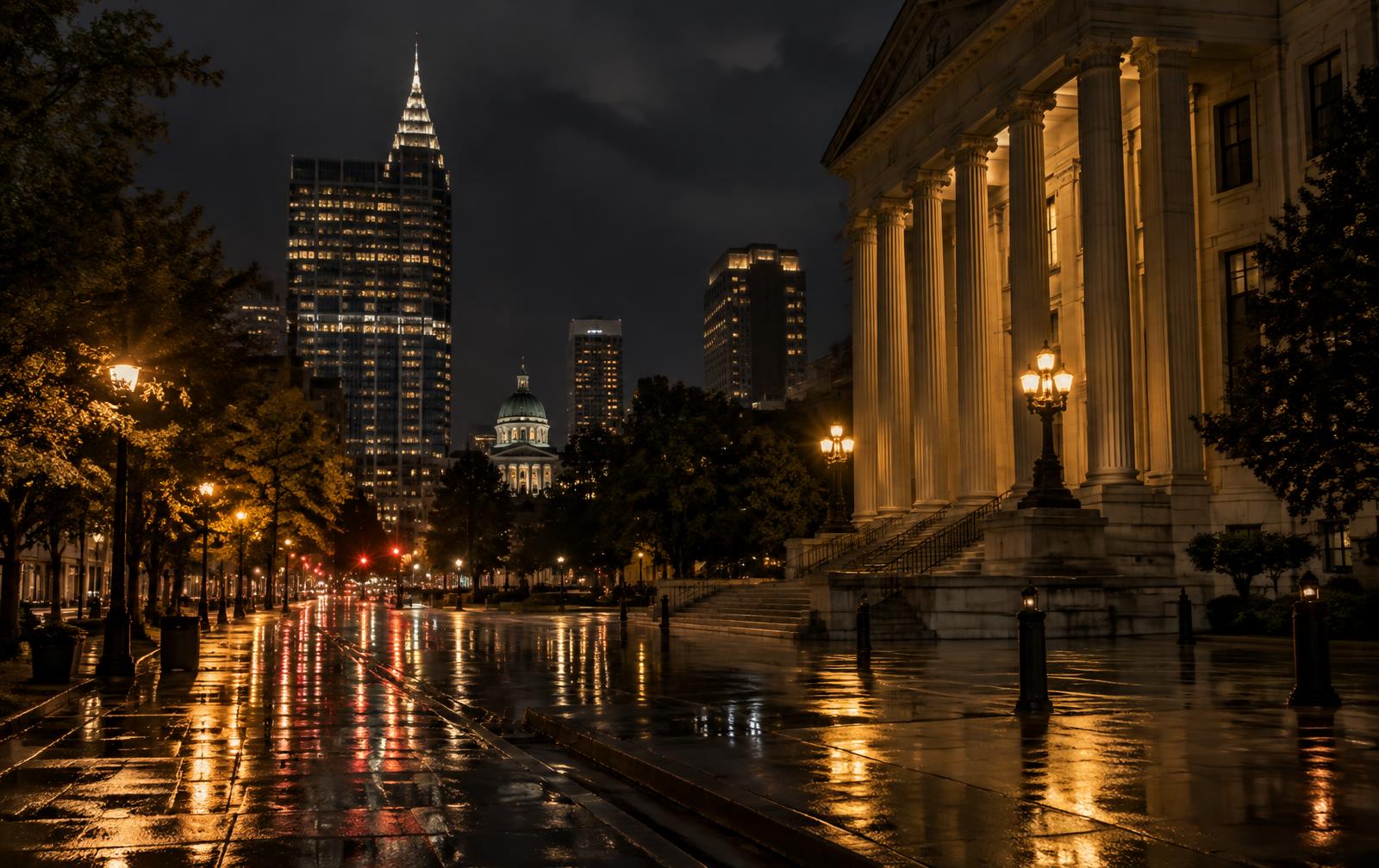 Downtown Raleigh courthouse at night